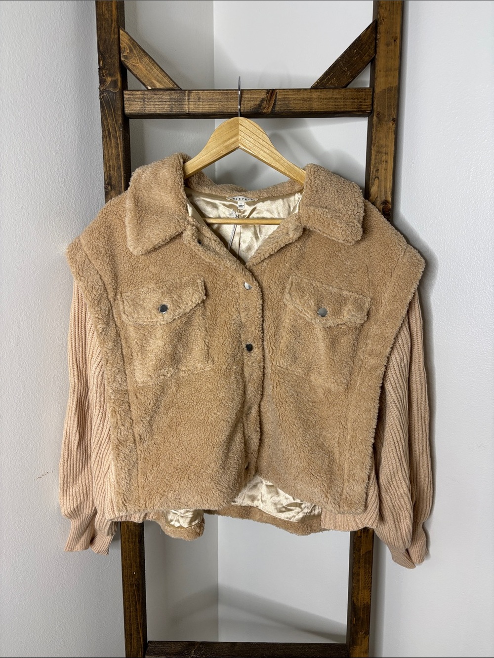 Baevely Tan Teddy Jacket with Knit Sleeves Size L